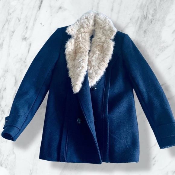 Zara Jackets & Blazers - Zara Navy Pea Coat with Faux Fur Cream Collar